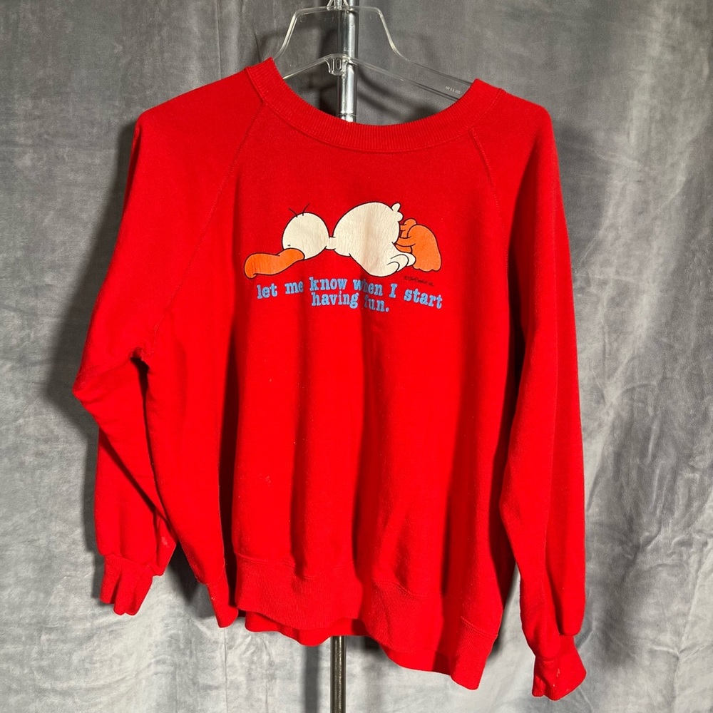 Vintage 90s Red Pullover Crewneck Graphic Print Comic Cartoon Sad Duck Retro